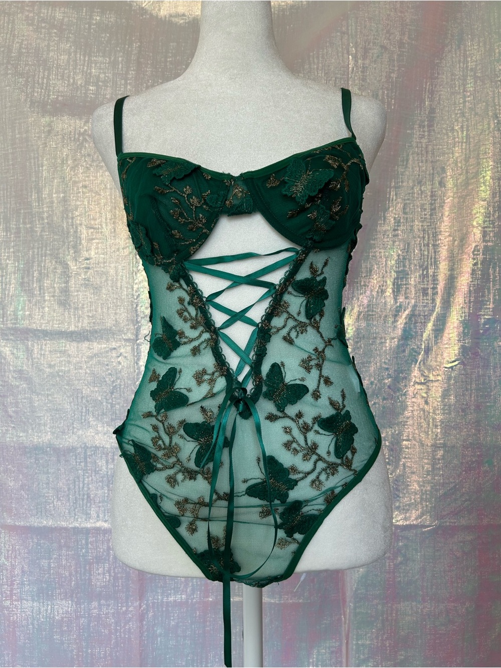 Sheer Butterfly Emerald Lacey Lingerie Bodysuit with Lace-Up Front. One Size.